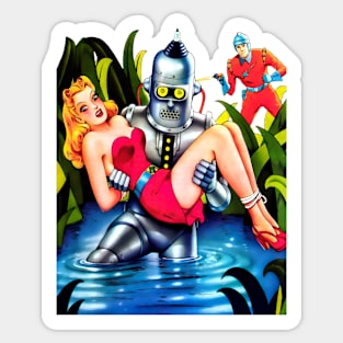 REVISTANGO #144 - Bound Beauty Kidnapped by Steel Robot as Hero Fires through Swamp Mist in Vibrant Reds, Metallic Blues, and Retro Futuristic Comic Brushwork 1950s Sci-Fi Vintage Sticker